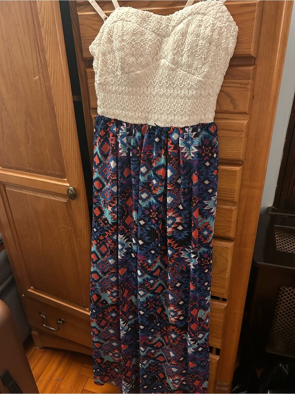 Girls' Cream Crochet Top Maxi Dress with Navy Aztec Skirt